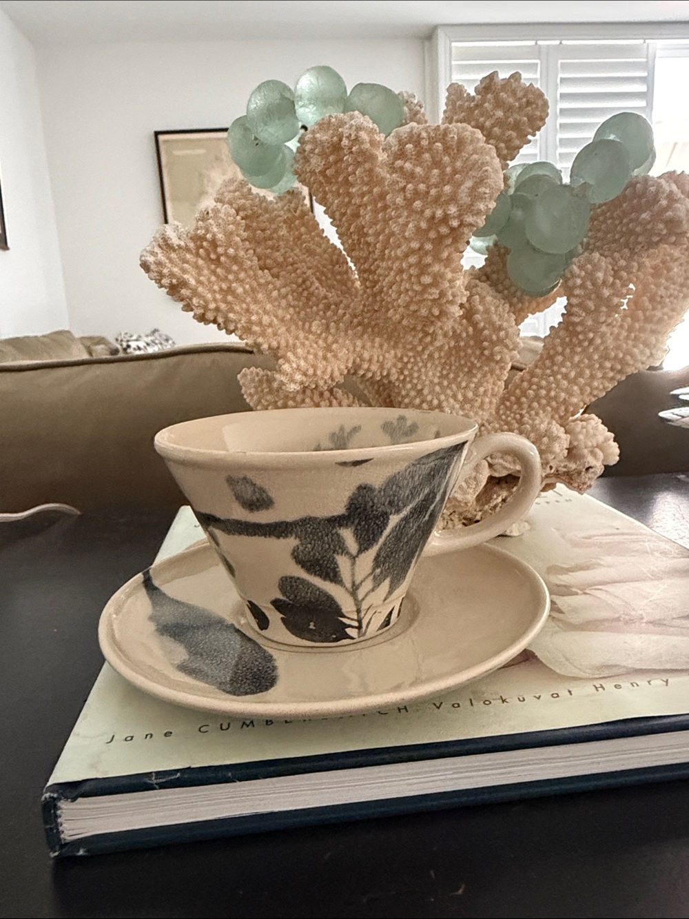 Anthropologie SEPON Black Leaves on Cream Coffee/Tea Cup and Saucer